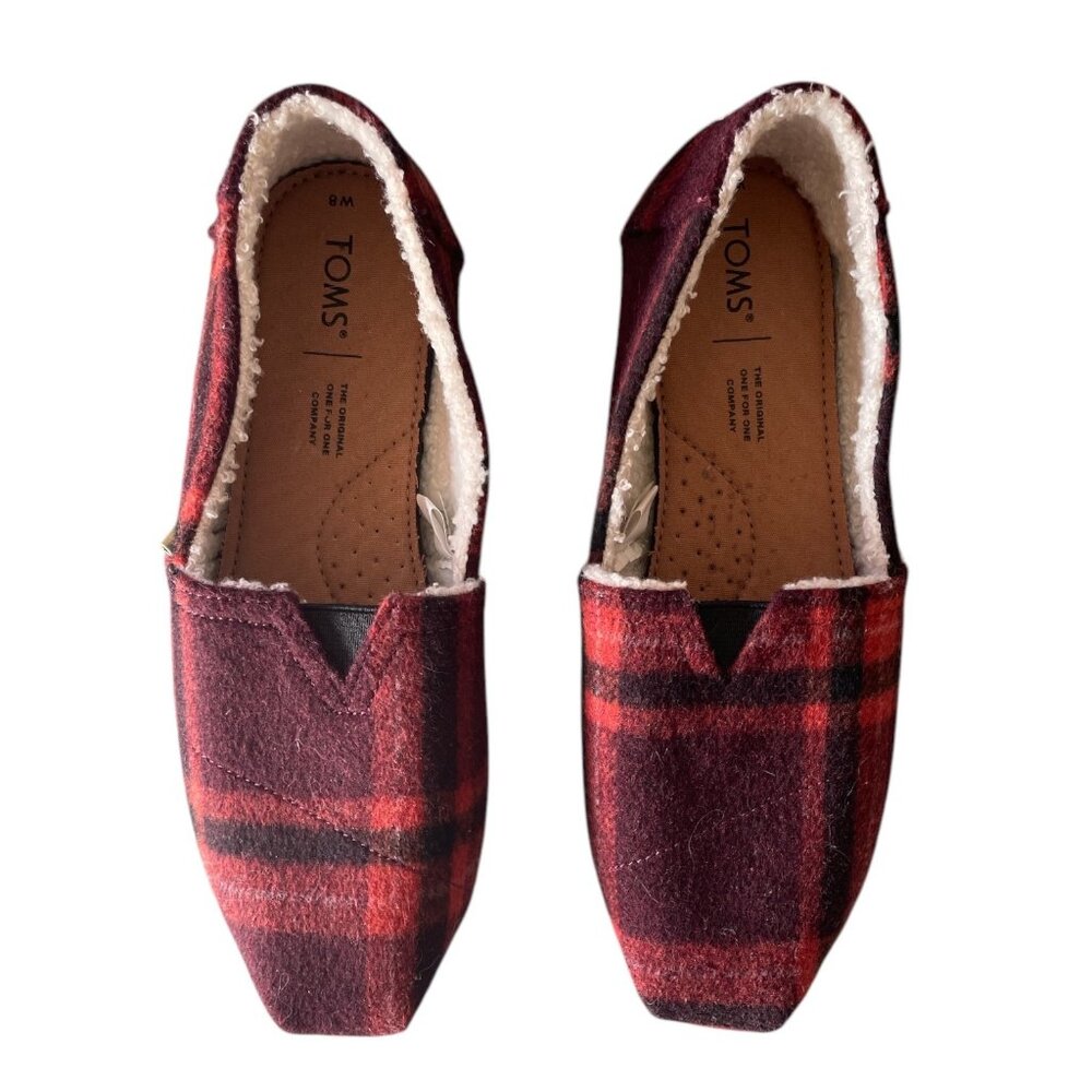 Toms Womens Plaid Slip-On Shoes Red/Black Cozy Lined Size 8 M